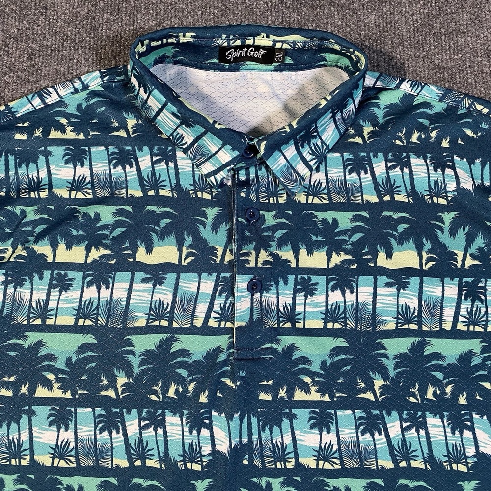 Spirit Golf Palm Tree Hawaiian Print Polo Shirt Mens 2XL Performance Stretch Fit
